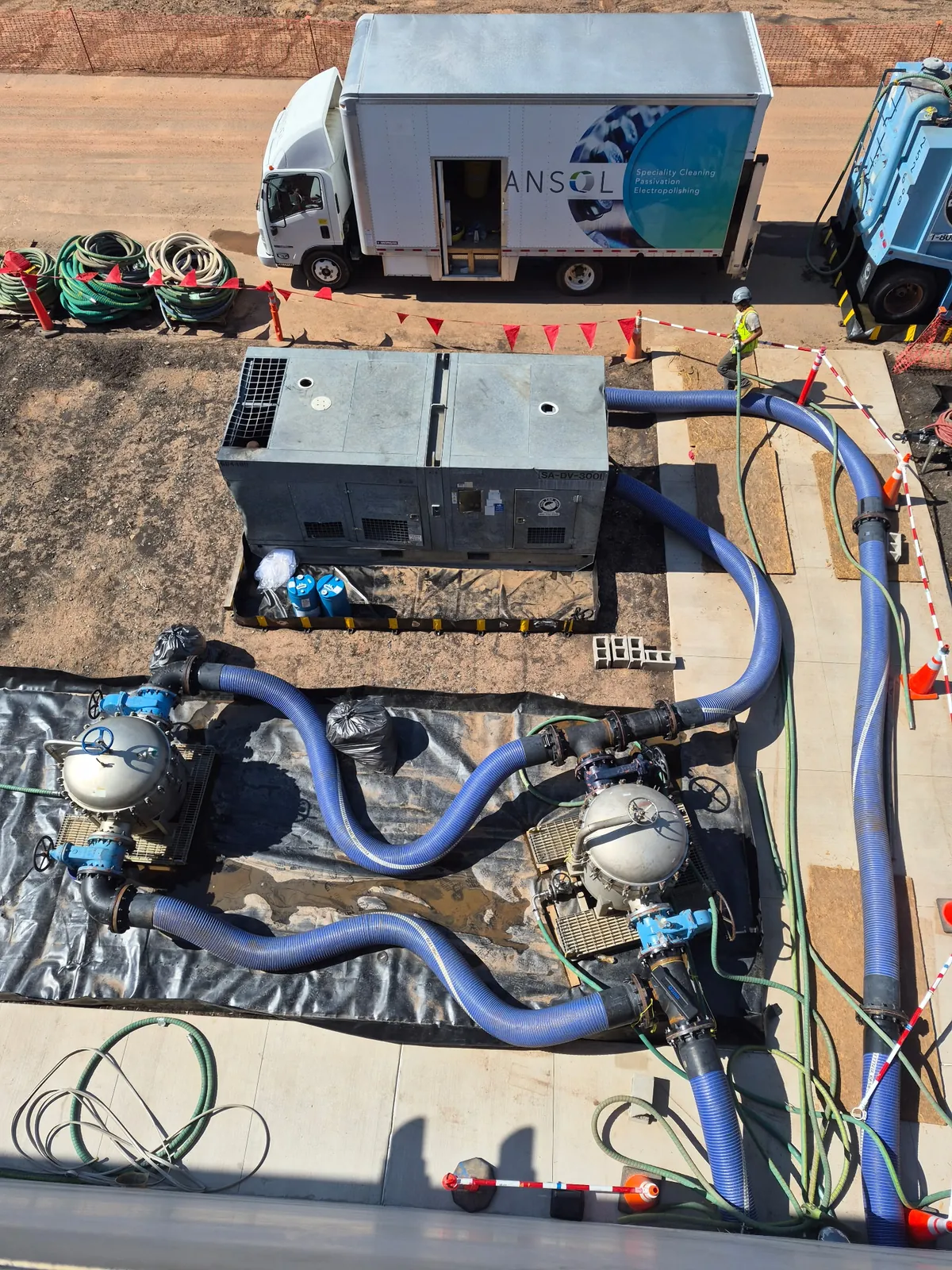 Cleanhydronics temporary flushing equipment connected to a hydronic piping system in a mechanical room