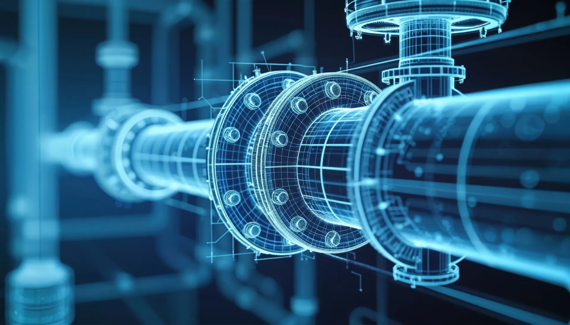Engineering wireframe rendering of a piping system with flanges and valves